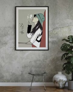 Mocl up poster - naine suitsuga, tekstiga